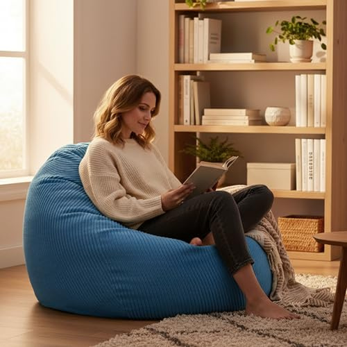 LIVEDECO - Himmelblå ribbad sammet päronpuff, interiör för vardagsrum, sovrum, avtagbart överdrag - BiG52