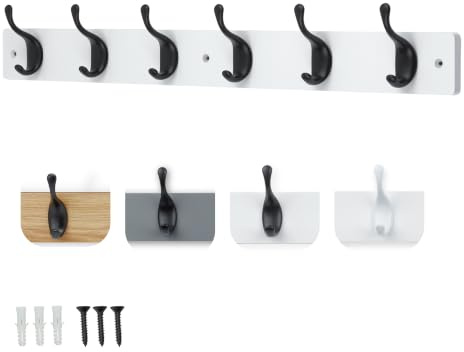 keypak White Wooden Wall Mounted Coat Rack, 6 Matt Black Double Hooks, 68cm | White Wooden Board for Modern Hallway, Entryway & Bedroom | Holds Jackets, Bags & Hats | Ready Assembled, Fixings Included