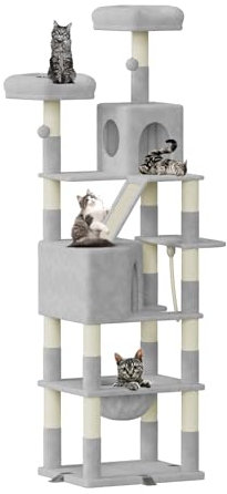 Dogat 208cm Tall Cat Tree, Anti-Tip Design Cat Tree for Indoor Large Cats, Multi-Level Cat Tower with 15 Scratching Posts, 2 Perches, 2 Caves, 1 Scratching Ramp and Hammock (Light Grey)