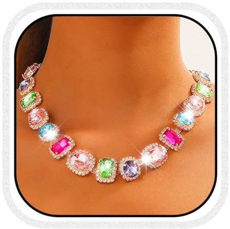 CLOACE Colorful Crystal Choker Necklace Sparkly Rhinestone Chokers Necklaces Chain Party Prom Neck Jewelry for Women (square)