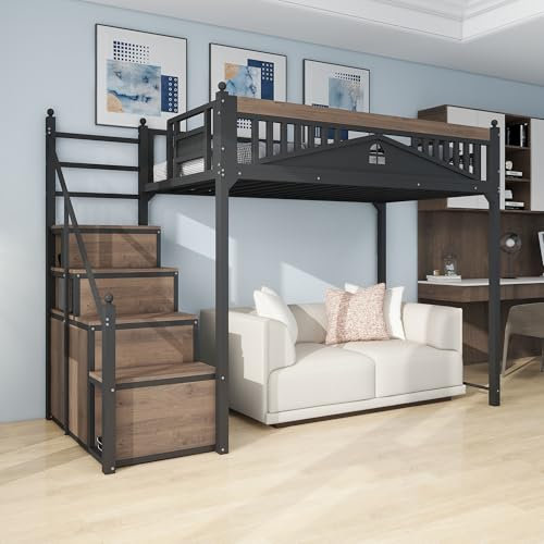 Kinderbett Etagenbett 90x200, Hochbett Hausbett mit Fenster&Treppe&Aufbewahrungsschrank, Metallbett Funktionsbett Einzelbett Jugendbett Spielbett mit Rausfallschutz&Lattenrost, Ohne Matratze, Schwarz