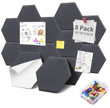 8 Pièces de Tableaux en Feutre Hexagonaux Auto-Adhésifs avec 35 Épingles, 30x26x0.9cm, Plaques de Liège Décoratives pour Photos et Mémos, Idéaux pour Bureau, d'Enfant et Salle de Classe, Gris Foncé