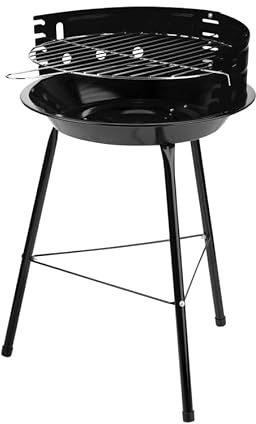 Barbecue Rotondo in Acciaio Cromato, Nero, 36 cm di Diametro, 55 cm di Altezza, con Griglia 32 cm, Paravento e 3 Gambe