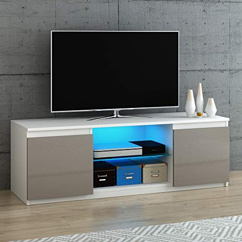 Panana LED TV Unit Stand Cabinet for 55 Inch TV, Modern High Gloss Front TV Cabinet with RGB LED Lights, 2 Door Storage Sideboard for Living Room (Grey&White)