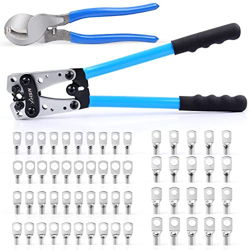 Zhushan Battery Wire Crimper Kit, Battery Cable Lug Crimping Tool 10-1/0 AWG with Cable Cutter and 60Pcs Copper Ring Terminals Set, Heavy Duty Wire Crimper for Battery Terminal