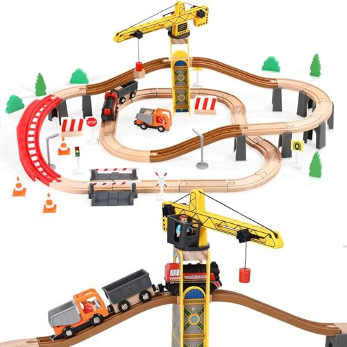Giant bean Turmkran Holzeisenbahn Set, 72 Teiliges Batteriebetriebenes Spielzeugeisenbahngleis für Jungen und Mädchen von 3–7 Jahren