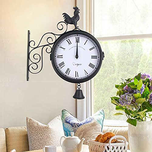 Retro Wanduhr, Antik Stil Doppelseitige Bahnhofsuhr Metall Runde Hängenduhr Outdoor Dekorative 30x9x37cm für Garten Korridoren Veranda Bahnhof