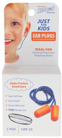 Hearos, tappi per le orecchie per bambini, NRR 28 in schiuma, protezione per l'udito con cavo extra piccolo con custodia (3 paia)