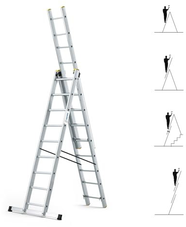 Echelle Transformable 3 Plans StablePro 3x9 marches Aluminium Extensible coulissante, 6 Positions, Hauteur Travail Max 6,10m, Garantie 5 Ans, Hostrom