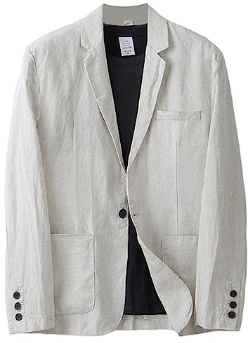 GIBZ Blazer Uomo Casual Lino Tempo Libero Leggera Giacca Giacche da Abito Primavera Estate Revers a Righe con Un Bottone Beige