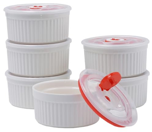 YAZYLIFE Ramekins - Ramequines de porcelana con tapa, aptos para horno para crema brulee y para hornear soufflé, natillas, tazas de cerámica para pudín, cuencos de cocina, juego de 6, color blanco.