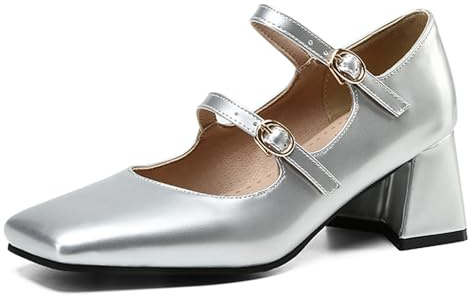 Gicoiz Mujer Punta Quadrada Moda Mary Jane Charol Boda Zapatos Slingback Elegante Tacón Ancho Zapatos Fiesta Correa de Tobillo Bomba Grande Fit Plateado Talla 36 EU