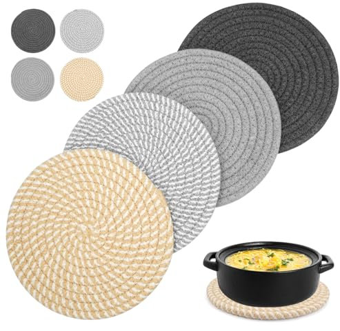Set di 4 Sottopentola in Cotone a Filo, 18 cm/7 inch Sottopentola Cucina di Cotone, Tovagliette Rotonde, Presine da Cucina in Cotone, Sottobicchieri da Tavola, Sottopentola per Proteggere Il Tavolo