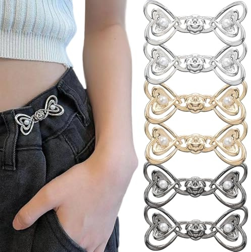 6 PCS Pants Waist Tightener Jean Buttons for Loose Jeans No Tools Detachable Decorative Waist Buckles No Sewing Adjustable Button Love Heart Pearl Button Pins for Jeans Waistband Tightener Skirts