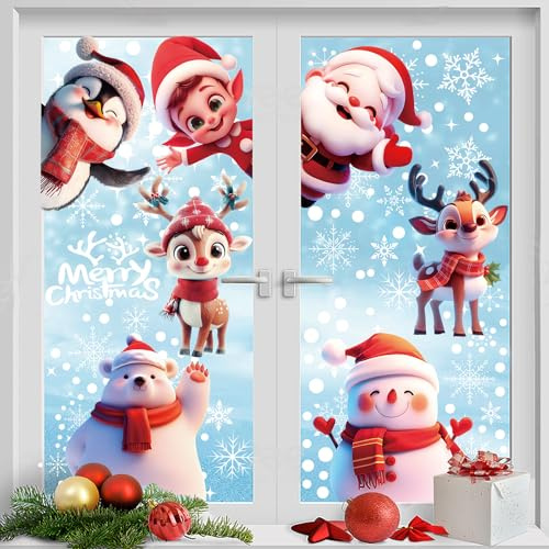 JOFONY Julklistermärken, fönster, 8 ark fönsterklistermärken för jul, snöflingor, jultomte, älg, fönsterbilder för fönsterdekoration, dörrar, skyltfönster