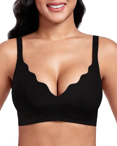 Vinfact Women's Bras Plunge V Floral Non Wired Push up Padded Comfort Everyday Bra-Black-XXL