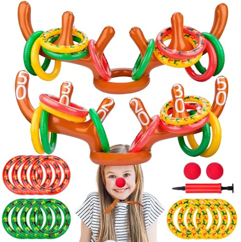 Pipihome Jeu de Lancer d'anneaux en Bois de Renne, Jeu de Lancer de Fête de Noël avec 1 Pompe Manuelle, Jeux Gonflable de Noël, Chapeau de Renne Gonflable avec Anneaux, Grands Jeux Familiaux pour (B)