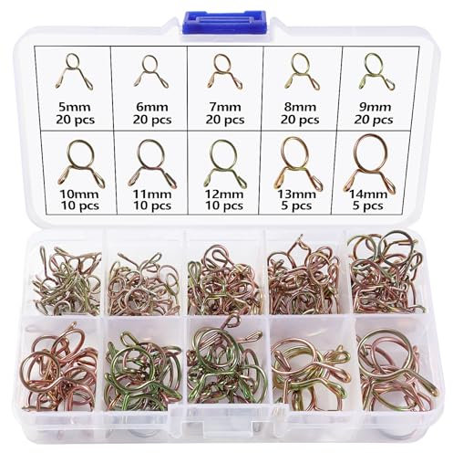 Lyeteung 140 Pièces 10 Tailles 5-14 mm Collier de Serrage de Ressort de Carburant à Unique Ligne Kit, Clip à Ressort Tuyau, Serrage Durite Essence Serre-joints à Tuyaux, Or