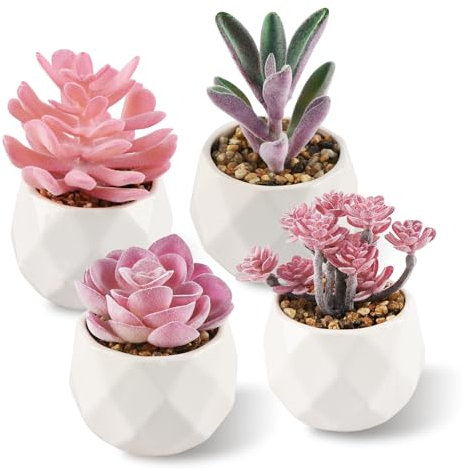 ALANGDUO Lot de 4 Plantes Succulentes Artificielles, Mini Plantes Artificielle avec Pot, Plante Artificielle Petite pour Table Maison Balcon Bureau Décoration, Rose