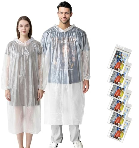 Jsdoin Poncho Waterproof Adult 6 Pack Disposable Rain Poncho with Hood, Clear Raincoats for Outdoor Concert, Camping, Theme Park, Hiking