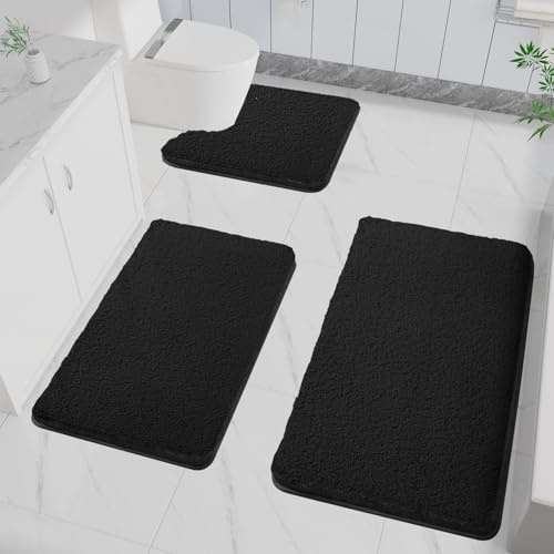 LUOJINYI Tappetino da bagno antiscivolo, morbido e assorbente, Shaggy a pelo lungo, in microfibra, lavabile in lavatrice, per vasca da bagno, doccia e bagno (nero, 40x60cm e 50x80cm e 50x50 a U)