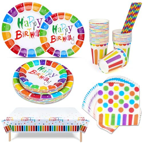 126 Pcs Rainbow Birthday Paper Plates Set, Party Plates Cups and Napkins, Straws, Birthday Party Decorations, Rainbow Afternoon Tea Decorations (Set of 25) Paper Material