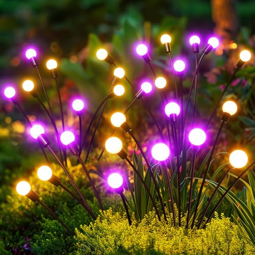 GEARLITE Firefly Halloween solcellslampor för utomhusbruk trädgård 4 stycken, 32 LED superljusa 2 ljuslägen glödmaskar solcellslampor för utomhusbruk med varmt vitt ljus IP65 vattentät svängande
