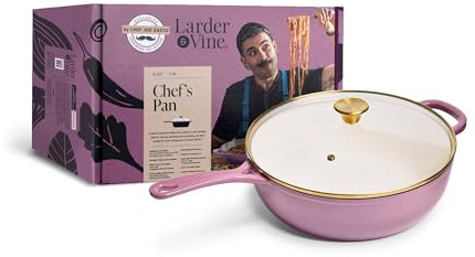 Chef Joe Sasto Chef’s Pan with Tempered Glass Lid, Deep Saute Pan, Enameled Cast Iron, Professional Cookware for Searing, Sautéing & Braising, Induction Compatible, Oven Safe, Dishwasher Safe