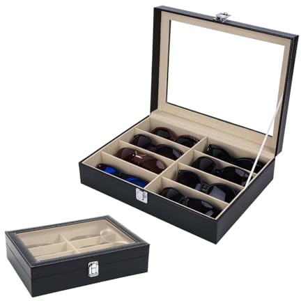 ZHYUAN Organizer Occhiali da Sole, Espositore Occhiali, Scatola per Occhiali in Pelle, Scatola per Occhiali, Custodia Occhiali, 8 scomparti, espositore per occhiali da sole con coperchio in vetro