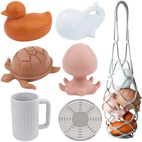 Jouets de Bain bébé en Silicone – 4 Animaux Marins Mignons + Filet de Rangement + Tasse de rinçage – Jeux de Bain bébé dès 3 6 Mois 1 2 3 Ans – Nettoyage Facile