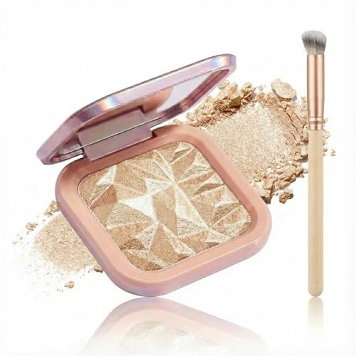 Beige Gold Radiance Highlighter Powder Compact - Silky Fine Multi-Functional Shimmer Palette For Luminous Glow Cheeks Eyes With Soft Brush Travel Touch-ups Buildable Longwear