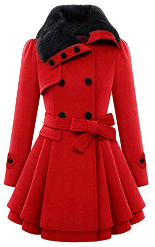 EFOFEI Women's Trench Coat Elegant Faux Wool Windbreaker Jacket Long Sleeve Loose Coat Red S