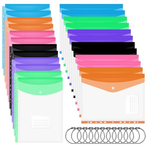 Huiguli 24 Pochettes Plastique A4, Classeur Extensible avec Bouton Pression et Etiquette, Pochette Document Transparentes Perforées pour Classement Travail Bureau Maison 6 Couleurs