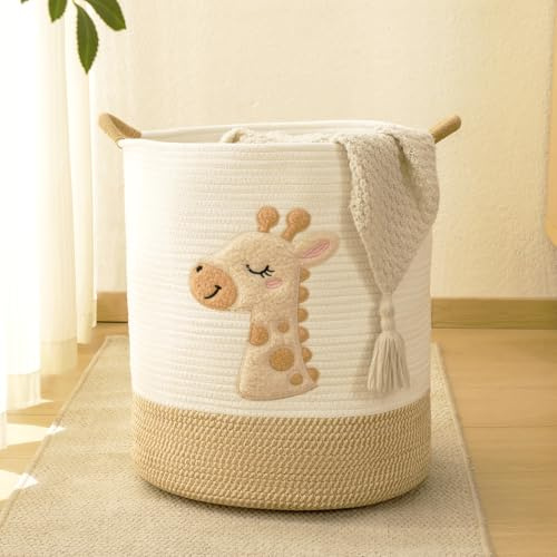 Large Blanket Basket for Living Room Storage,Toy Baskets Storage for Kids Stuffed Animal Storaged, Big Cute Cotton Rope Woven Laundry Basket with Handle for Nursery Baby Shower Gifts