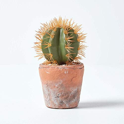 HOMESCAPES Small Artificial Cactus in Terracotta Pot 15cm Tall Lifelike Round Cactus in Decorative Stone Planter for Home or Office
