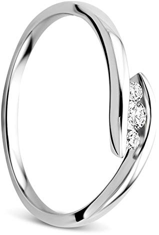 OROVI Anillo de mujer de oro blanco de 0,10 quilates con diamante Trilogy, anillo de compromiso de oro de 9 quilates (375) y diamantes brillantes, Oro, Diamante