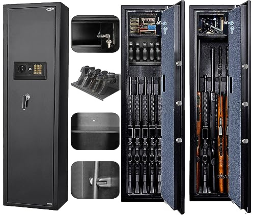 BBRKIN Large Rifle Safe, Long Gun Safe for Rifle Shotgun for Home, Quick Access 5-6 Gun Storage Cabinet with a Handgun Lock Box and a Removable Shelf, Silent Mode(PIN Code Version)