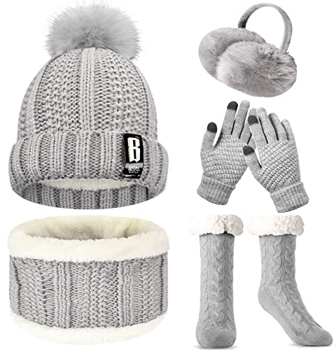 WEASIC Ensemble Bonnet, Écharpe Et Gants Femme Avec Chaussettes Antidérapantes Chaudes Thermiques - Cadeau Noël Hiver Polaire - Gris