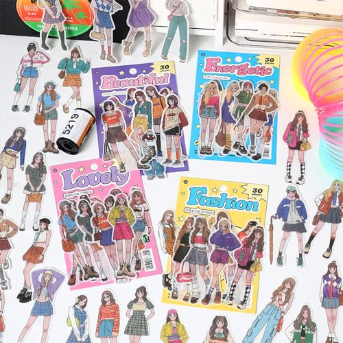 Alideco 120pcs Scrapbook Stickers Set Kawaii Fashion Girl People Stickers for Journaling Scrapbooking Junk Journal Crafts Embelishment Decoration Diary