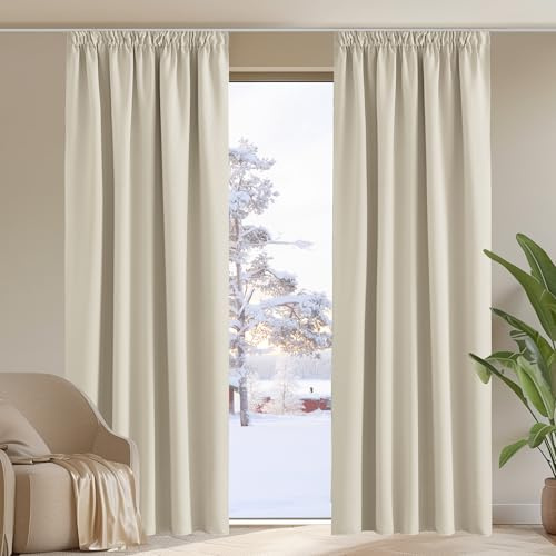 PONY DANCE Blackout Pencil Pleat Curtains, Light Beige, W66 x L90 Inch | Thermal Insulated Curtains with Noise Reducing & Privacy, Luxury Soft Window Treatment for Bedroom & Living Room, 2 Panels