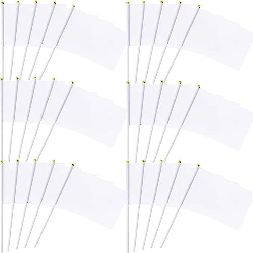 50 Pack Blank Flag DIY White Hand Waving Flags Banners Pennant Decoration for Game Parade Sport Events, Festival Party Handheld Flags with Plastic Stick 14 * 21cm with Gold Ball