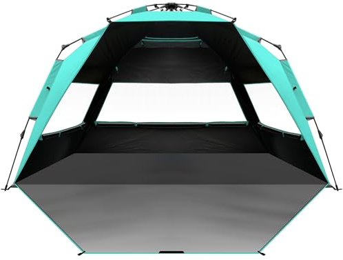 OutdoorMaster Beach Tent with Blackout Shelter Technology, Portable Sun Shade Shelter 4 Person, Pop Up Beach Tents with UPF 50+ UV Protection, 9.5mm Thick Pole, 3 Ventilating Mesh Windows -Green