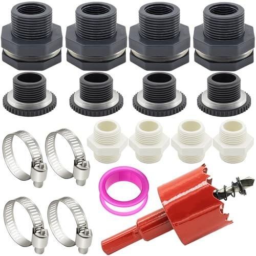 Set of 18 3/4 Inch Water Barrel Bulkhead Fitting with Plugs Pipe Connector Hose Clamps Seal Tape and Hole Saw PVC Spigot Connector Kit for Rain Barrels Water Tanks Pools