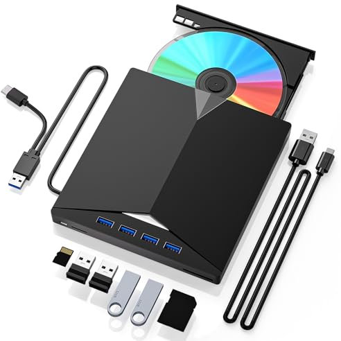BNEHHOV Externes CD DVD Laufwerk USB 3.0 Typ-C, Extern mit SD/TF-Kartenleser Portable RW Brenner, Schnelle Datenübertragung Tragbar für Laptop,Desktop, für Windows 11/10/8/7/XP Linux OS, Mac OS, Vista