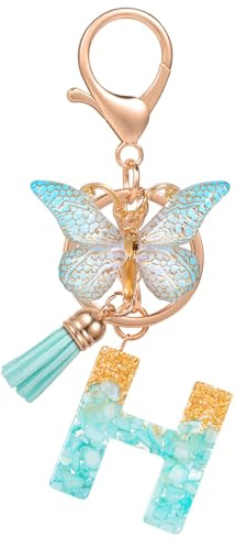 MWOOT Letter Keyring Iniziale Portachiavi Lettera H Resina,Alfabeto Keyring con Ciondolo a Forma Nappe Farfalla,Portachiavi Charm con Foglio D'oro Verde Signora Borsetta Portafoglio Decoro(H)