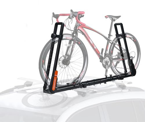 TOOENJOY Roof Mount Bicycle Car Rack, Upright Bike Rooftop Mount Rack with Dual Load Arm & Safe Ratchet Lock,Only for Movable Crossbar