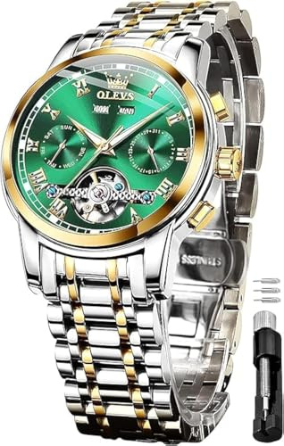 OLEVS Orologio automatico da uomo a carica automatica, meccanico, impermeabile, cinturino in acciaio inox, quadrante verde, orologi da polso classici con tourbillon, Cinturino bianco e quadrante verde