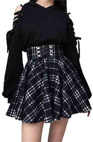 SIPEIEN Women's Plaid A-line Skirt Gothic High Waist Pleated Flare Short Mini Skater Skirt (Black, 2XL)