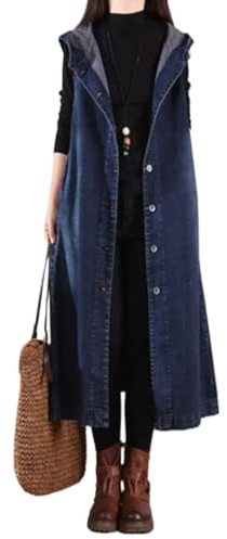 ZISTRCBAO Women'S Hooded Sleeveless Denim Vest Classic Button Up Waistcoat Jacket - Plus Size Casual Long Denim Waistcoat,Loose Fashion Tank Top Windbreaker Dress,Blue,Xl