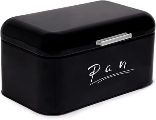 Madera Nieve Panera de bambú ecológico | Cubierta convertible en tabla de cortar | Ideal para almacenar pan y mantenerlo fresco por más tiempo | Diseño retro para cocina (Negro-tapa de Metal)